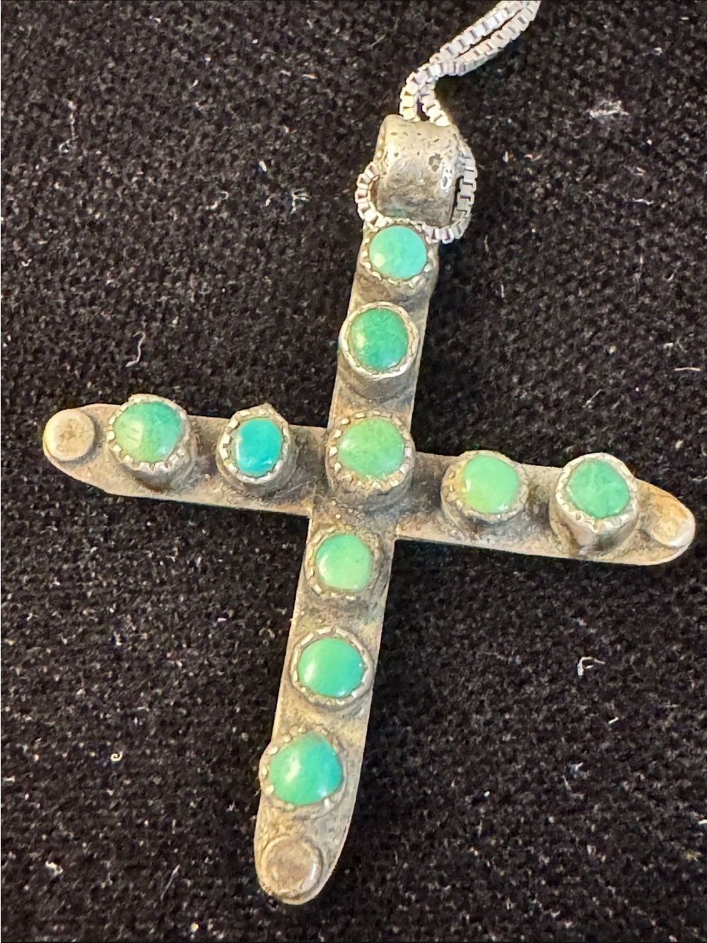 Vintage Sterling Silver Turquoise Cross Pendant with Round Cabochons - 1.5”